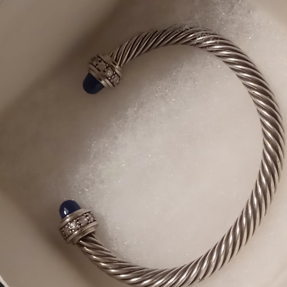 Twisted cable cuff sterling bracelet with blue sapphire gems & pave cz - Picture 9 of 12